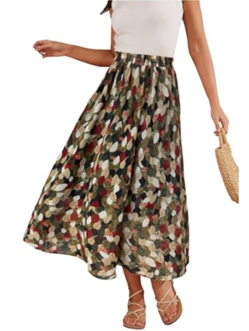Midi Floral Print Skirt High Elastic Waist Boho Flowy Lightweight Polyester
